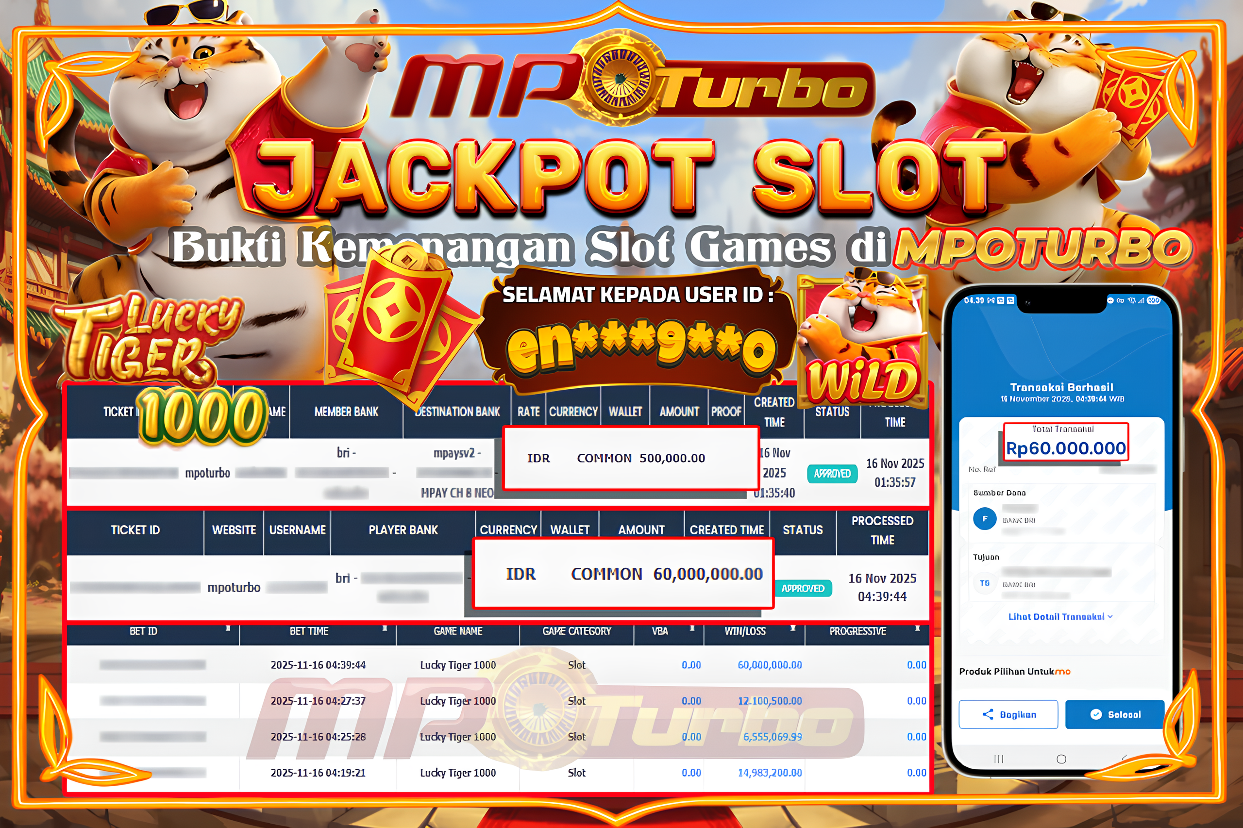 MPOTURBO JACKPOT LUCKY TIGER 1000 - FAT PANDA Rp 60,000,000.00,- LUNAS